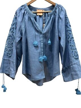 NWT March II Blue 100% Linen Embroidered Cutout Bell Sleeve Tassel Top Size XL